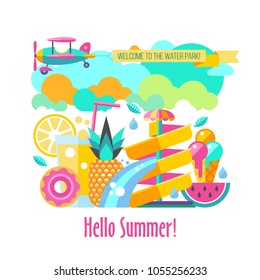 Hello summer. Water slides in the water Park, summer activities on vacation. Fruits, summer, ice cream, rest, entertainment on the water. Over the Park flying plane with a banner. 