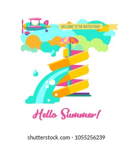 Hello summer. Water slides in the water Park, summer activities on vacation. Fruits, summer, ice cream, rest, entertainment on the water. Over the Park flying plane with a banner. 