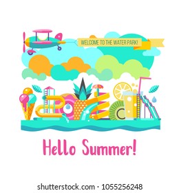 Hello summer. Water slides in the water Park, summer activities on vacation. Fruits, summer, ice cream, rest, entertainment on the water. Over the Park flying plane with a banner. 