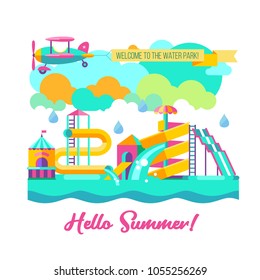 Hello summer. Water slides in the water Park, summer activities on vacation. Fruits, summer, ice cream, rest, entertainment on the water. Over the Park flying plane with a banner. 