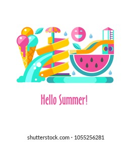 Hello summer. Water slides in the water Park, summer activities on vacation. Fruits, summer, ice cream, rest, entertainment on the water.  Vector illustration.