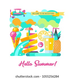 Hello summer. Water slides in the water Park, summer activities on vacation. Fruits, summer, ice cream, rest, entertainment on the water. Over the Park flying plane with a banner. 
