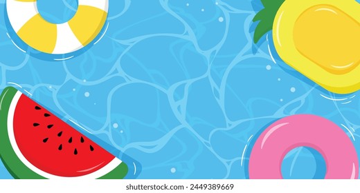 Hola Vector de fondo de superficie de agua de verano. Diseño de fondo dibujado a mano azul del mar del océano, mar, piscina, anillo de baño de la fruta, sandía, piña. Ilustración tropical del tiempo del verano para la cubierta, promoción.