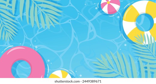 Hello Summer water surface background vector. Blue sea hand drawn backdrop design of ocean, sea, pool, swim ring, beach ball, palm leaf. Tropical summer time illustration for cover, promotion, sale.