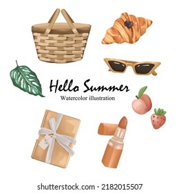 Hello summer, watercolor summer decoration. Vector illustration