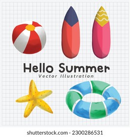 Hello summer, summer watercolor elements object. lifebuoy, surffboard. beach ball, sea star ,starfish. vector illustration.