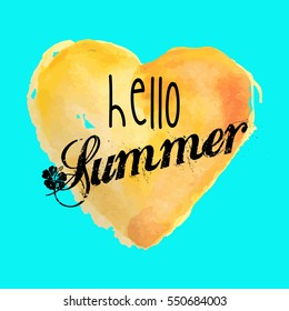Hello summer watercolor heart. Symbol of summer. yellow watercolor heart on a blue background. Doodles, sketch for your design. Vector.