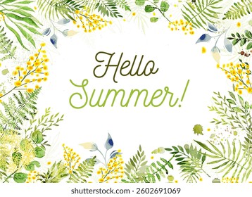 Hello Summer. Watercolor Leaves Frame and mimosa branches hand drawing. Not AI Vector illustration.