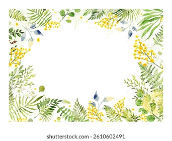 Hello Summer. Watercolor Leaves Frame and mimosa branches hand drawing. Not AI Vector illustration.