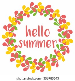 Hello summer watercolor vector wreath card isolated on white