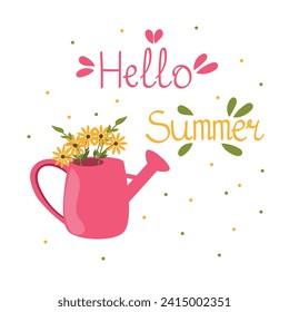 Hello summer, watering can with bouquet of flowers. Floral decorations. Garden watering can with delicate flowers. Vector illustration in bright colors, flat style. 