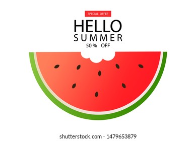 Hello summer, watermelon banner, sale banner, 50% sale, isolated watermelon, vector
