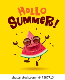 Hello Summer! Watermelon character with arms open wide.