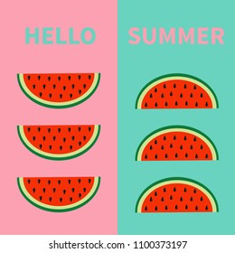 Hello summer. Watermelon fruit icon set. Red slice with seeds in a row. Cut half. Healthy food. Flat lay design. Pastel bright color. Top air view. Pink Green background. Isolated. Vector illustration