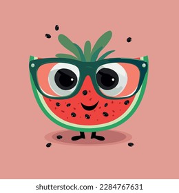 Hello Summer. Watermelon with glasses in cartoon style. 