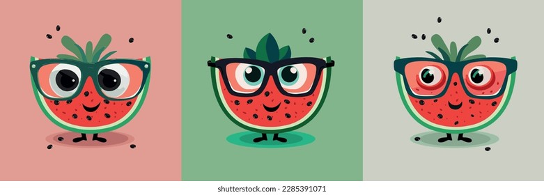 Hello Summer. Watermelon with glasses in cartoon style. 