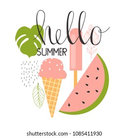 Hello summer. Watermelon and ice cream. Vector illustration