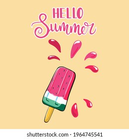 Hello summer, watermelon ice cream greeting card with hand-drawn letters on a yellow background with ice cream drops Vector illustration