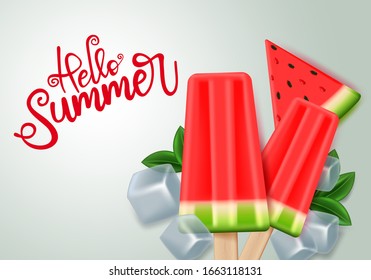 Hello summer with watermelon popsicle vector design. Hello summer text with tropical watermelon fruit and popsicle with ice elements in white background. Vector illustration.    