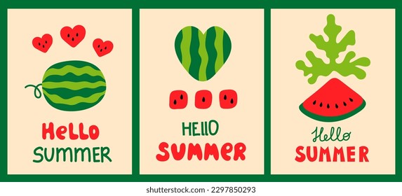 Hello Summer Watermelon posters set. Trendy naive flat style seasonal cards, banners with handwritten lettering and creative fruit elements. Modern vector illustration