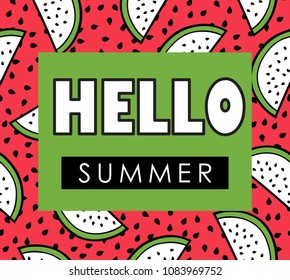Hello Summer. Watermelon seeds and slices background. Symbol of summer.