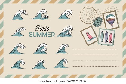 Hola verano, ola, tarjeta, postal, correo, ilustraciones dibujadas a mano.	