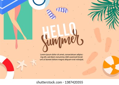 Hello summer web banner background. Sea or pool with sand. Hello Summer Holiday party beach template backdrop.