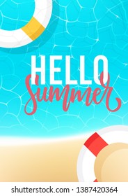 Hello summer web banner background. Sea or pool with sand. Hello Summer Holiday party beach template backdrop.