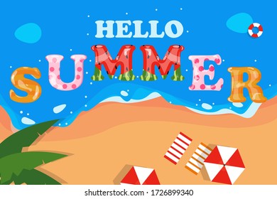 Hello summer web banner background. Sea or pool with sand and palm. Hello Summer Holiday party beach template backdrop. Vector illustration. flat design hello summer for landing page