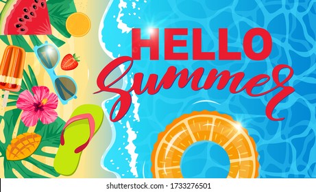 Hello summer web banner background. Sea or pool with sand and palm. Hello Summer Holiday party beach template backdrop. Tropical plants, flower, sunglasses, ice cream, watermelon, orange. Vector.