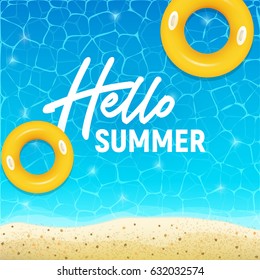 Hello summer web banner background. Sea or pool with sand. Hello Summer Holiday party beach template backdrop. Vector illustration.