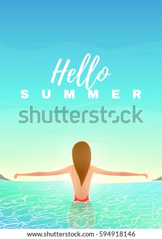 Hello summer web banner with beautiful girl. Sunshine background with sea landscape and woman in swimsuit in water. Vector illustration. Vacation backdrop.
