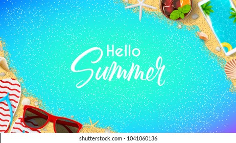 Hello Summer web banner template. Top view on summer composition with realistic objects on color background. Vector illustration. Concept of seasonal recreation in tropical countries.