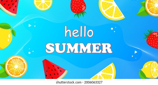 Hello Summer web banner. Top view on summer composition with realistic tropical fruit Vector illustration