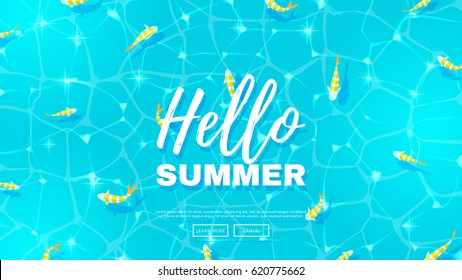 Hello summer web banner wit fish. Blue background on the sea topic. Vector illustration. Hello Summer Holiday backdrop.