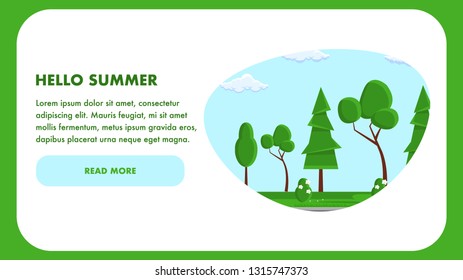 Hello Summer Web Page Vector Template. Nature Landscape Decoration. Flat Illustration, Text Space. Green Plants on Sky Background. Landscaping Company Website, Landing Page. Web Banner Concept