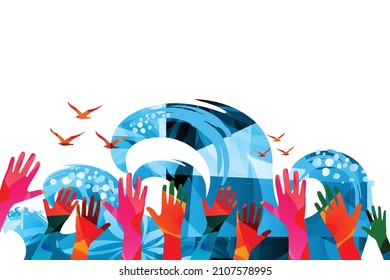 Hello summer, welcoming waves, raised colorful hands with waves and seagulls vector illustration. People greeting summer