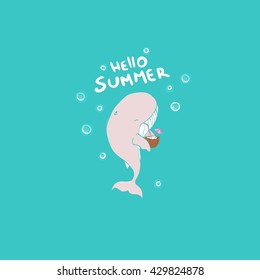 Hello summer, whale rests. Bubbles , cartoon character. 10EPS