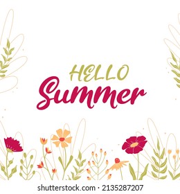 Hello summer. White banner with pink and spring flowers. Green leaves. Flat vector illustration