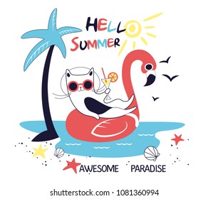 Hello Summer. White black cat in sunglasses floats in the sea on an inflatable flamingo. Vector illustration.