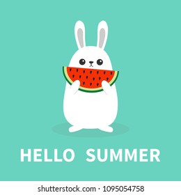 Hello summer. White bunny rabbit holding eating watermelon slice cut. Funny head face. Cute kawaii cartoon character. Big ears. Baby greeting card. Blue background. Flat design. Easter symbol. Vector