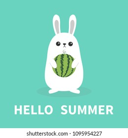 Hello summer. White bunny rabbit holding whole ripe watermelon . Funny head face. Cute kawaii cartoon character. Big ears. Baby greeting card. Blue background. Flat design. Easter symbol. Vector