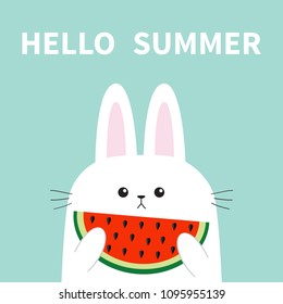 Hello summer. White bunny rabbit head face holding eating watermelon slise. Big ears. Cute kawaii cartoon funny character. Baby greeting card. Blue background. Flat design. Easter symbol. Vector