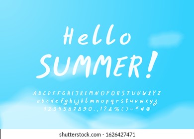 Hello Summer. White handwritten Italic alphabet on blue sky background. Lettering font, uppercase and lowercase letters, numbers