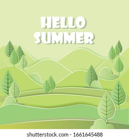 Hello summer, white lettering, on a light green background forest, landscape with abstract trees. Design for banner, postcard, flyer. Vector illustration.
