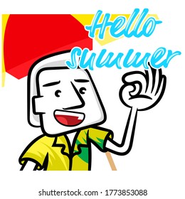 Hello summer white man cartoon scene vector traveler background
