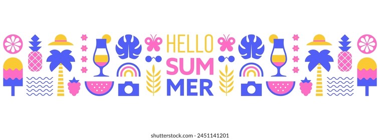 Hello summer wide horizontal pattern with colorful summer icons and symbols. Summer sale background or banner design.