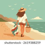 Hello summer. Woman in hat walking along seashore. Girl on beach sunbathing and swimming, outdoor recreation, seagulls, mountains. Vector illustration. Use for tourism, vacation, travel project