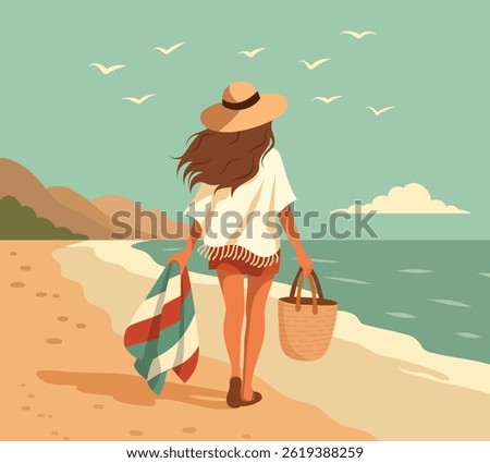 Hello summer. Woman in hat walking along seashore. Girl on beach sunbathing and swimming, outdoor recreation, seagulls, mountains. Vector illustration. Use for tourism, vacation, travel project