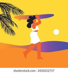 Hello Summer. Woman on the beach. Vector set illustration